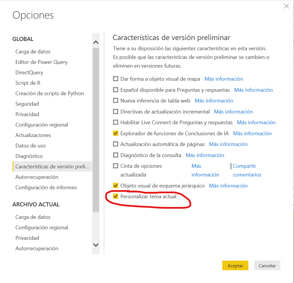 Activar opción Personalizar Tema Actual