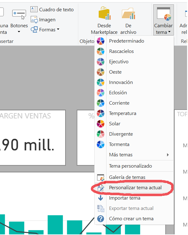 Opción Personalizar Tema Actual activado