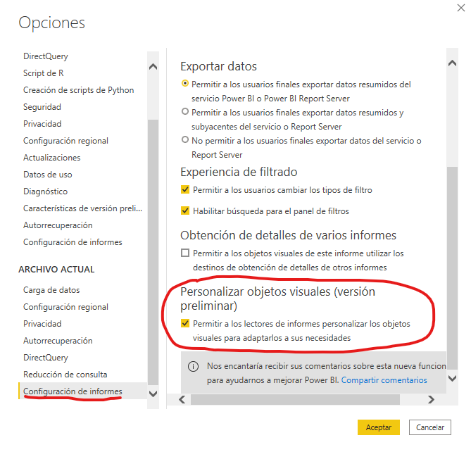 Activación Personalizaciones en un Informe Concreto