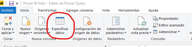 Opción Especificar Datos de Power BI para crear tablas internas en el informe